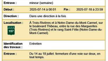 Travaux du 14 au 18 juillet sur la route 157